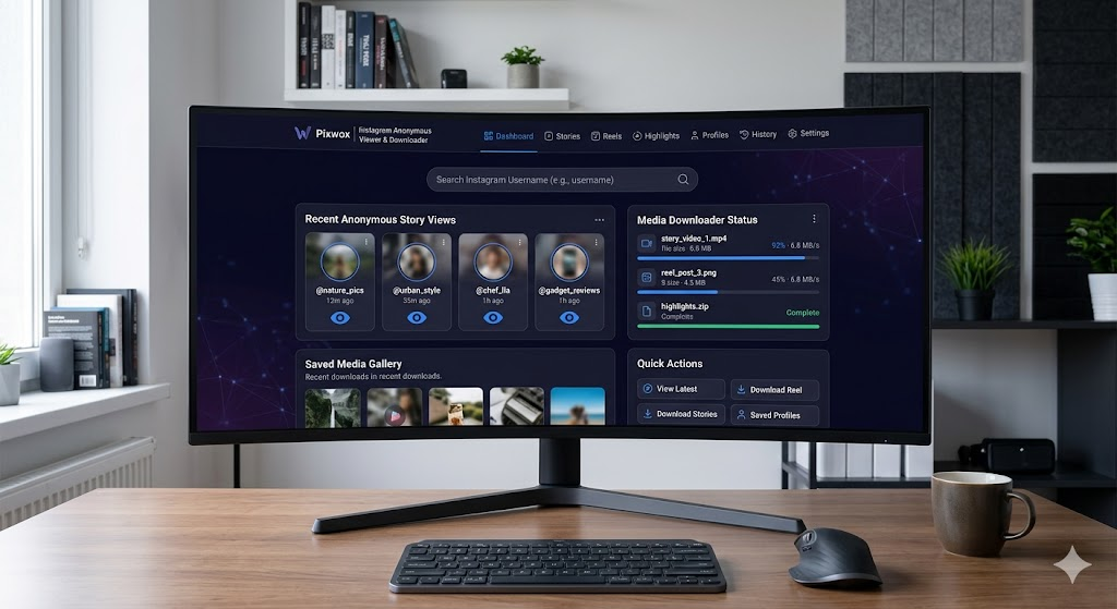 Pixwox anonymous Instagram story viewer and downloader dashboard